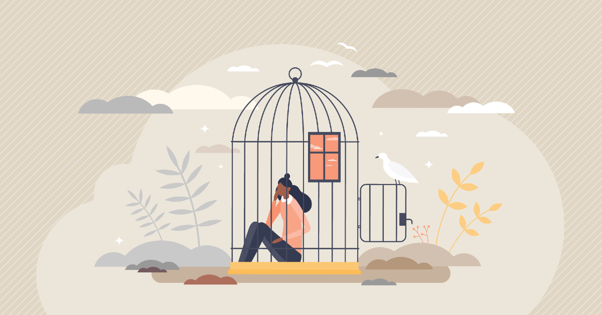 Illustrated image of dark haired woman sitting in large birdcage with hands on her head