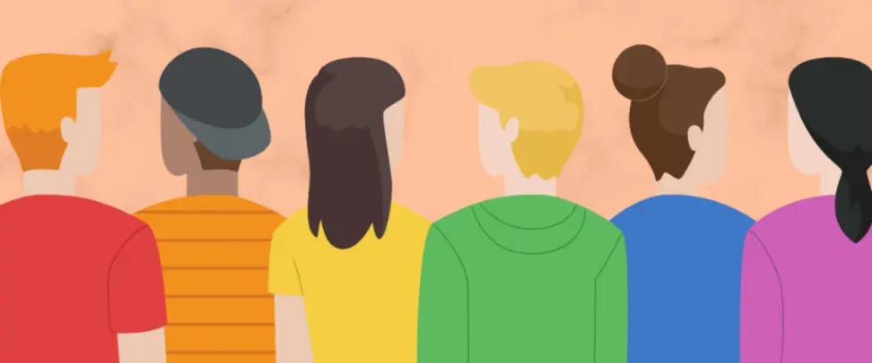 Group of individuals with multi-colored shirts looking off into the distance