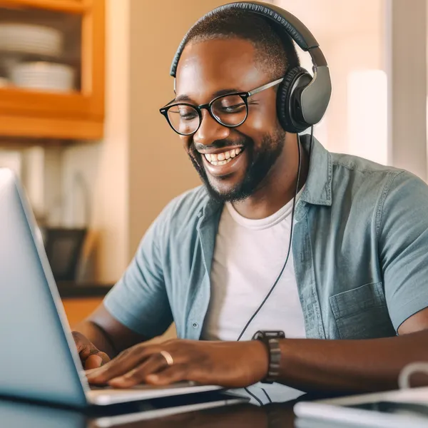 man with headphone on sitting at a laptop computer on an online therapy session to treat depression