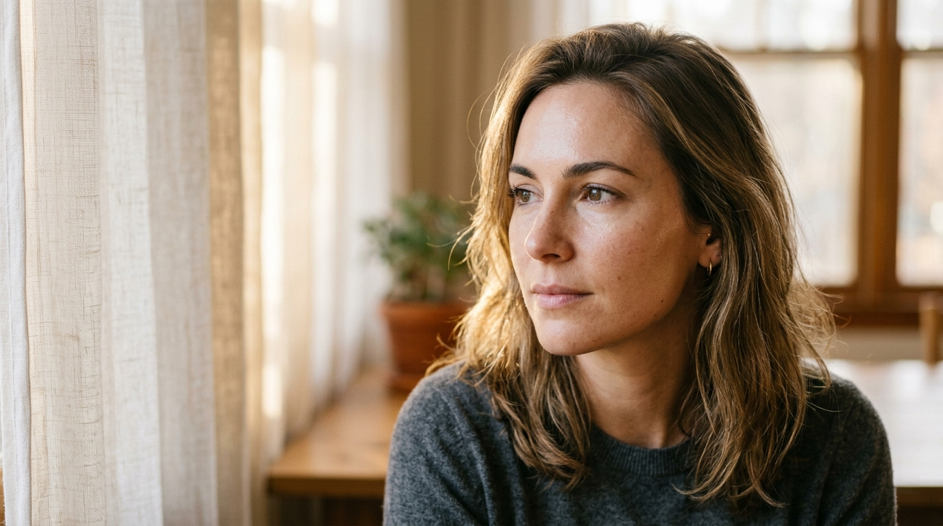 Woman gazing thoughtfully by a window, reflecting on autism signs often missed in women and girls