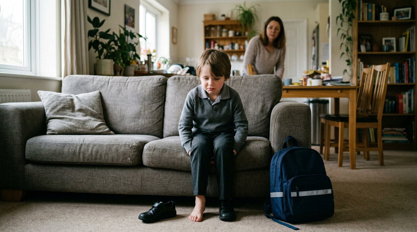 Young boy sitting on the couch in his school uniform, reluctant to leave for school