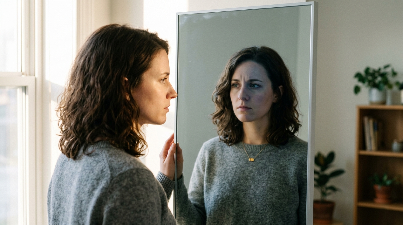 Woman staring at her reflection in a mirror, reflecting on a trauma bond