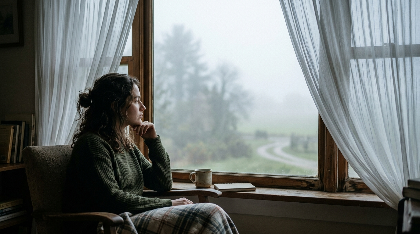 Woman sitting by a window with a cup of tea, gazing thoughtfully at a foggy landscape while processing grief