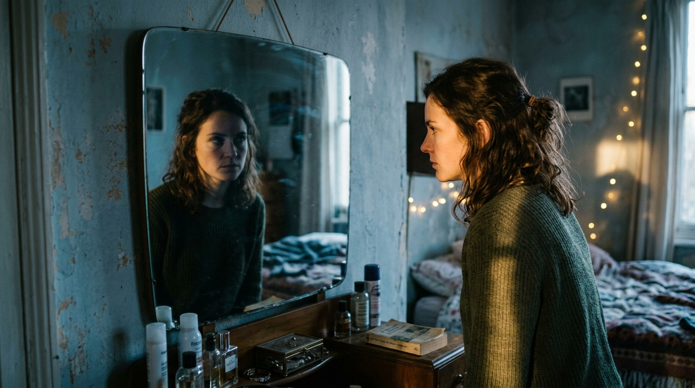 Woman studying her reflection in a bedroom mirror, illustrating the hidden effort behind autism masking