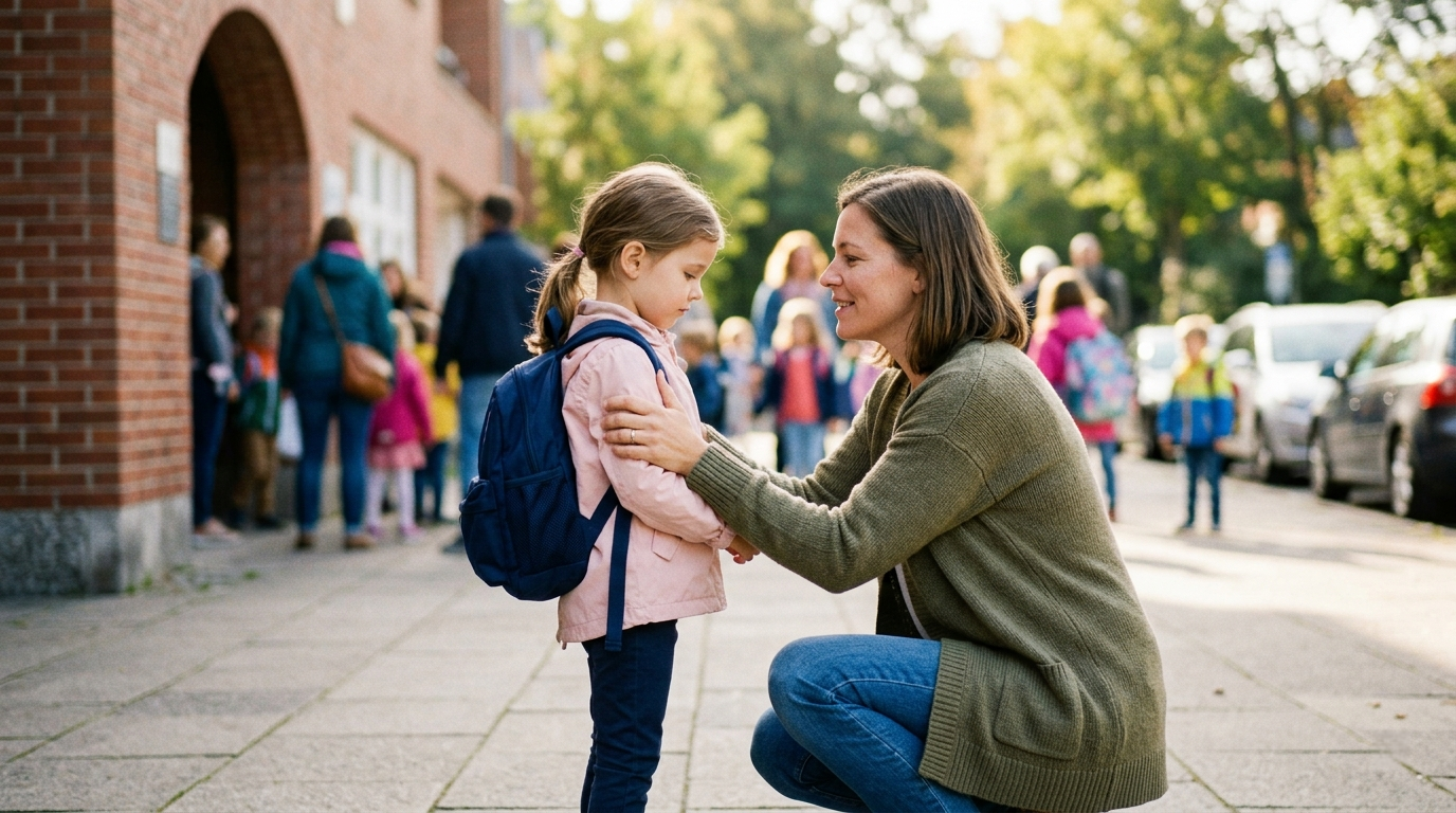 Mother comforting her young daughter outside school as she works through anxiety about going in