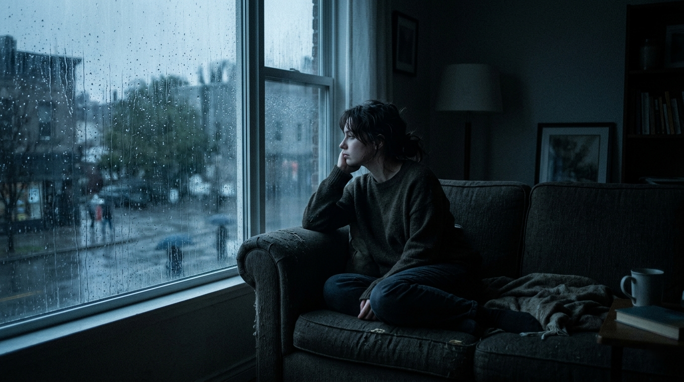 Woman sitting alone on a couch, staring out a rain-streaked window, reflecting the isolation of complicated grief