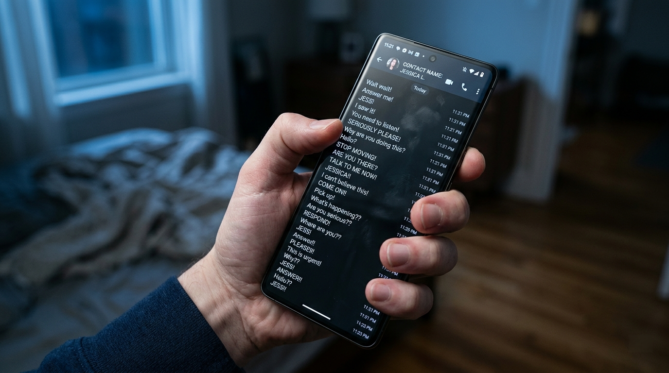 Person holding a phone showing a barrage of urgent, escalating text messages from a partner